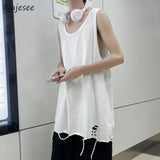 Hole Tanks Men Baggy Simple Harajuku Chic Teens Fashion High Street Clothes All-match Korean Style Casual Tops O-neck Breathable