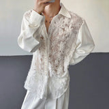 Niche Design Men Shirts Turn-down Collar Hollow Out Pearl Lace -up Patchwork Loose Solid Color Male Long Sleeved Top