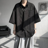 2025 White Texture Short-sleeved Shirts Men Korean Chic All-match Blouses Casual Loose Single Breasted Black Shirt with Tie