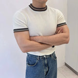 Men's Clothing Fashion Patchwork Tops Luxury High Quality Knit O Neck Short-sleeved T-shirt Leisure Popular Retro Slim Knitwear