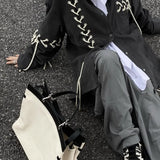 Unisex Vintage Punk Black Shirt Coat Men Women Spring Autumn Japanese Harajuku Tie Rope Top Versatile High Street Shirt
