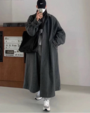 Autumn Winter Long Warm Grey Black Slouchy Woolen Coat Men Single Breasted Loose Casual Wool Blends Overcoat
