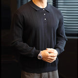 New Japanese Business Men Polo Sweater Light Luxury Knit Slim-fit Long Sleeve Pullover Premium Solid Color Basic Knitwear M-3XL
