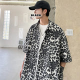 Brown/Gray Leopard Printed Shirt Men Loose Breathable Men's Shirts Summer Male Shirt High Street Casual Short Sleeve Tops