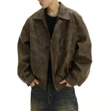 Men's Leather Jacket American style Retro Brown Make old Coat High Street fashion Casual Baggy Polo collar Jacket for men