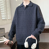 Korean Style Men's Polo Sweater Light Luxury Textured V-neck Knit Long Sleeve Pullover Autumn Casaul Trendy Male Clothing M-3XL