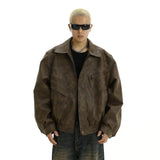 Men's Leather Jacket American style Retro Brown Make old Coat High Street fashion Casual Baggy Polo collar Jacket for men