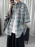 Summer Y2K Vintage Short Sleeve Shirt For Men Loose Appliques Polos Lapel Plaid Tee Shirts New High Street Pocket Blouse