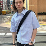 Brushed American Blue Striped Short Sleeved Shirt with Raw Edges for Men and Women's Casual Shirts Casual Streetwear