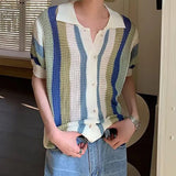 Leisure Breathable Hollow Out Shirt For Men Summer Beach Casual Short Sleeve Knitted Shirts Mens Fashion Striped Knitting Tops
