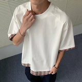 Men's Short Sleeve T-shirts New Summer Plaid Flanging Design Fake Two-piece Solid Color Trendy Male Pullover Tops