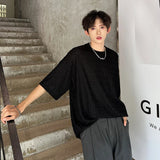 White O-neck Pleated Stripe T-shirt for Men Vintage Large Size Breathable Soft Short Sleeved T-shirt Summer Loose Casual Tops