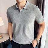 High Elasticity Men Short Sleeved Polo Shirt Summer Ice Silk Light Thin Solid Casual Lapel Knitted T-shirt Men Clothing