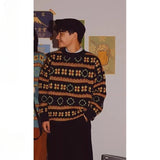 Autumn Winter Japanese Pullover Striped Floral Pattern Long Sleeved Knitted Sweater BF Loose Lazy Style Couple Sweater Jacket