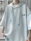 Summer Waffle Hooded Short Sleeve T-shirt Korean Fashion Fake Two Tshirt Y2K Streetwear Oversize Tee Tops Casual ropa hombre