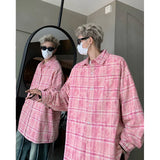 Autumn Fashion Men Women Plaid Shirts Oversize Button Up Long Sleeve Tops Korean Loose Casual Outwear Couples Shirt Pink/Blue