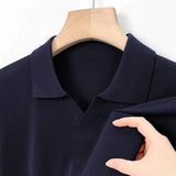American Leisure Men Polo Shirt Luxury V Neck Knitted Solid Color Fitness Pullover Casual Slim Sports Long Sleeve Knitwear M-3XL