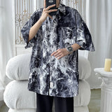 Men Hip Hop Harajuku Shirt Painting Graffiti Color Streetwear Loose Short Sleeve Trend Fashion Beach Shirts Casual Button Tops