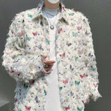 Summer Thin Shirt Three-dimensional Butterfly Decor Long Sleeve Shirt Tassel Casual Fashion Loose Male Sun-proof Clothing