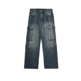 Hip hop men and women trendy straight leg multi pocket washed jeans American spring and autumn couple loose retro casual pants
