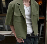 Men Blazer Solid Color Lapel Short Sleeve Button Pockets Casual Suits Men Streetwear Fashion Leisure Blazer S-5XL