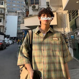 Summer Y2K Vintage Short Sleeve Shirt For Men Loose Appliques Polos Lapel Plaid Tee Shirts New High Street Pocket Blouse