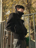 Techwear Bomber Jacket for Men Cleanfit Cropped Baseball Jacket Coats Male Zipper Shoulder Pad Turtleneck Streetwear