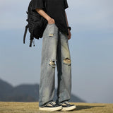 Men's denim pants - Summer American retro straight leg jeans loose and breathable high street fashion ripped casual pants