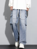 New Men's Baggy Straight Cargo Jeans Elastic Waist Vintage Blue Black Smoky gray Denim Pants Fashion High Street Male Trousers