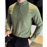 New Men Fashion Seersucker Shirts Long Sleeve Stand Collar Casual Drapped Solid Color Button-down Cardigan Japanese Style Tops