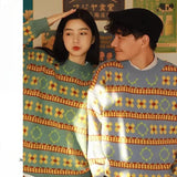 Autumn Winter Japanese Pullover Striped Floral Pattern Long Sleeved Knitted Sweater BF Loose Lazy Style Couple Sweater Jacket