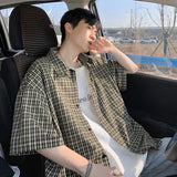 Summer Short Sleeved Shirt Men Retro Plaid Shirt Mens Streetwear Korean Loose Casual Shirt Man Fashion Shirts Large Size 4XL