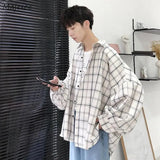 Men Casual Shirts Plaid Single Breasted Long Sleeve Baggy S-3XL Loose Korean Chic Fashion Shirt Teens All-match Thin Outwear BF