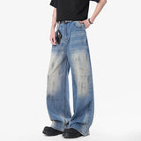 New Summer Men's Denim Pants Washing Dirty-dying Contrast Color Straight Bottom Wide Leg Male Jeans Korean Style