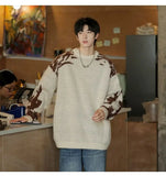 Korean street style men and women trendy personality contrasting color round neck sweater couple winter loose casual knitted top