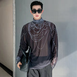 Men's T-shirt New Trendy Pearl Printing Contrast Color Stand Collar Baggy Male Long Sleeve Tops Niche Design Spring