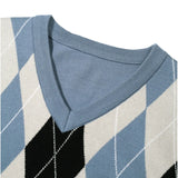 New Japanese Retro Men Sweater Luxury Trendy Plaid Patchwork V Neck Knit Solid Color Pullover Leisure Loose Long Sleeve Knitwear