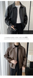 New Autumn Men's Casual Textured PU Leather Jacket High Street Zip-up Turn-down Collar Solid Color Long Sleeve Retro Coats M-3XL
