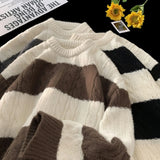 Korean Spring and Autumn Trendy Personalized Striped Round Neck Sweater for Couples Loose Retro Harajuku Casual Knitted Top y2k
