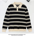 New American Trendy Men Polo Neck Sweater Light Luxury Striped Knit Long Sleeve Pullover Tops High Quality Loose Knitwear M-3XL