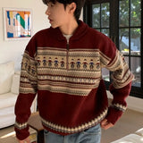 American style autumn and winter street fashion half zipper polo sweater for couples loose retro red Harajuku knit top y2k