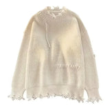 Knitted Sweaters for Men Solid Color Crewneck Man Clothes Pullovers Round Collar Plain with Holes Beige Torn Thick Winter Street
