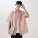 Summer men Short Sleeve Shirt For Men Striped Loose Polos Lapel Shirts New unisex High Street Pocket Blouse Couple shirt