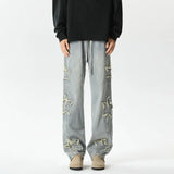 Star Embroidered Men's Jeans Baggy Straight Elastic Waist Denim Pants Fashion High Street Hip Hop Streetwear Y2K Male Trousers