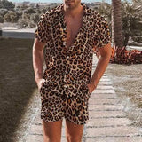 Leopard Print Men's Two Piece Set Short Sleeve Turn-down Collar Shirt And Shorts Loose Casual Suits Summer Fashion Outfits Male