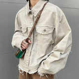 Niche Frayed Retro Denim Jacket High Street Workwear Jean Coats for Men Loose Short Casual Outwear Pink Trendy Men's Clothing