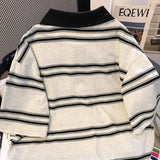 High street hip-hop men and women trendy personalized striped polo short sleeved couple summer loose retro casual Harajuku top