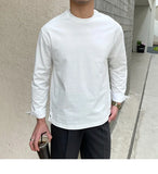 New Autumn Fashion Men T-shirt Light Luxury Solid Color Long Sleeve Tops Leisure Streetwear Casual O Neck Basic Shirts M-3XL