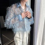 Off White Long Sleeved Shirt Men Fashion Society Mens Dress Shirt Korean Loose Hollow Out Shirt Mens Blue Casual Shirt M-2XL