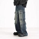 Hip hop men and women trendy straight leg multi pocket washed jeans American spring and autumn couple loose retro casual pants